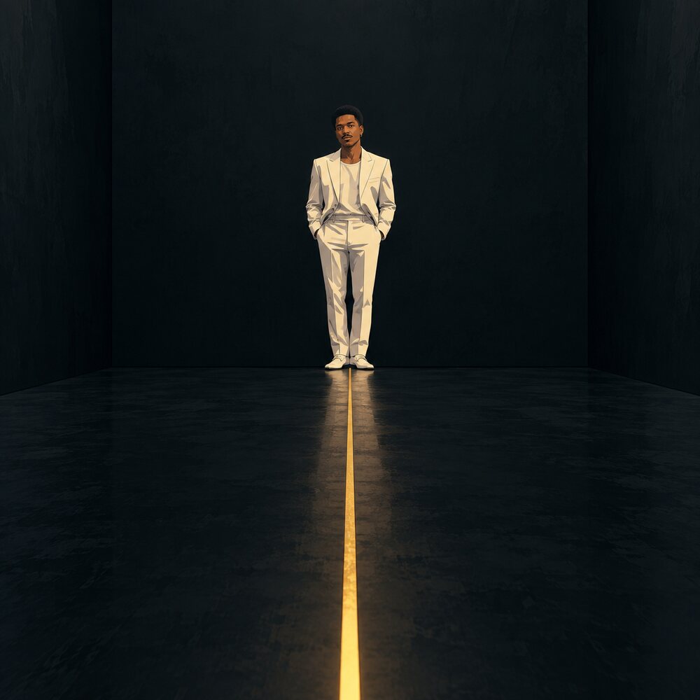 Single-Cover Activate Escape: Sonny im weißen Anzug allein in einem dunklen Raum, eine goldene Linie am Boden führt zu ihm