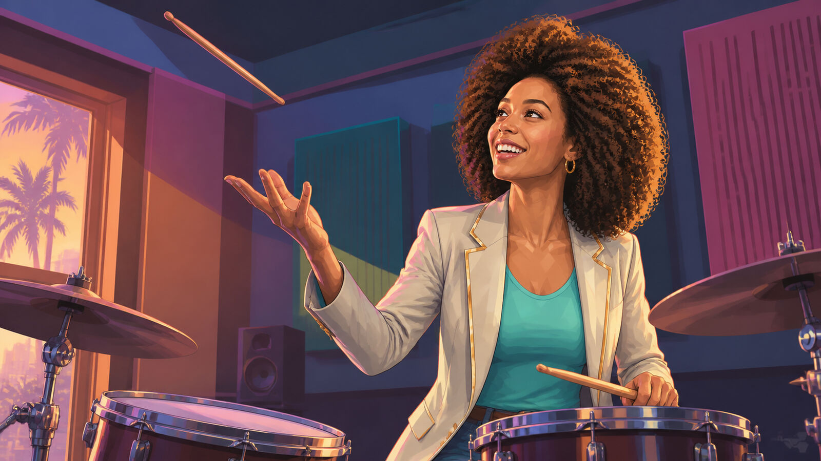 Pearl wirft einen Drumstick in die Luft