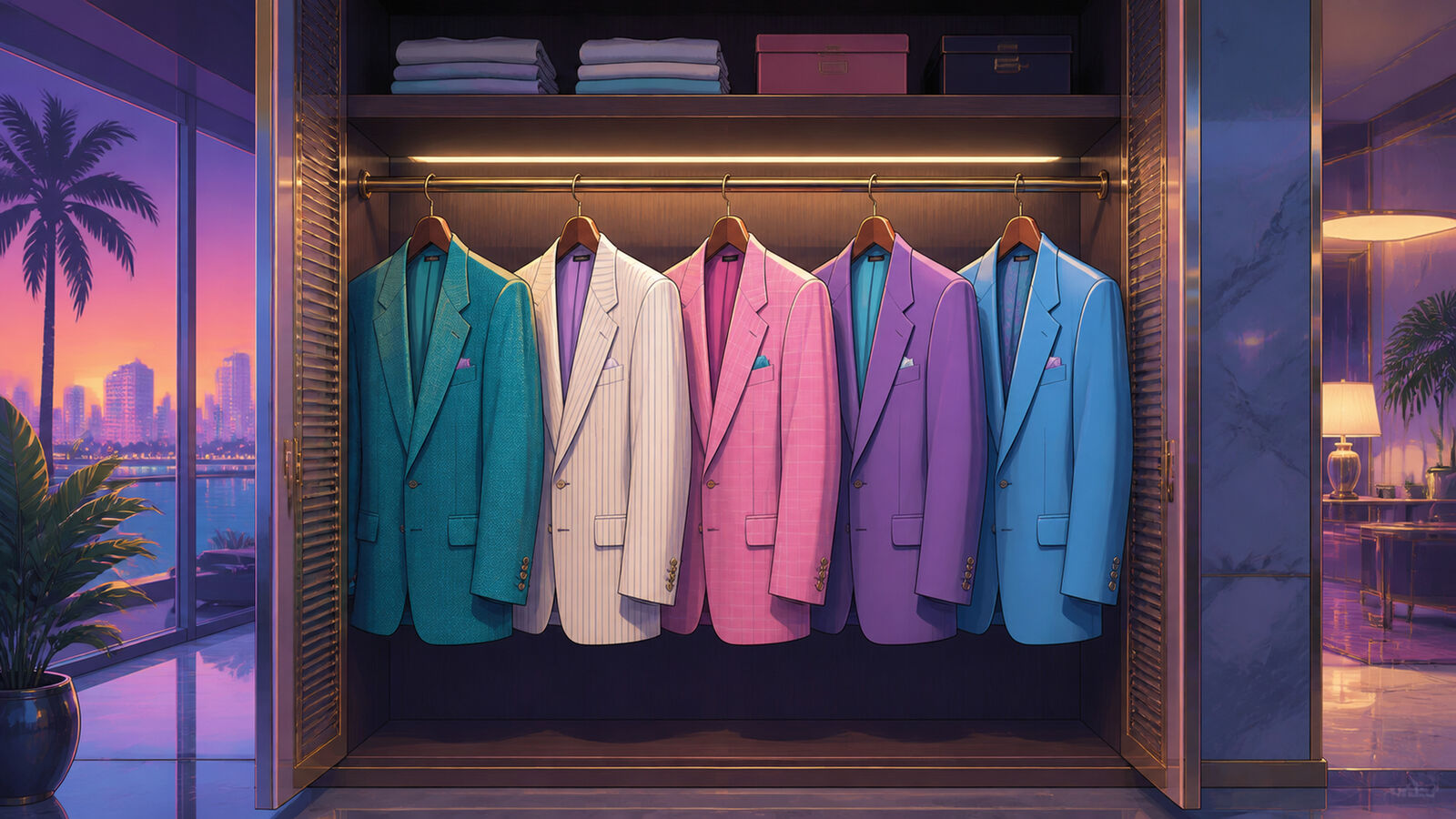 Fünf Anzüge hängen in der Garderobe