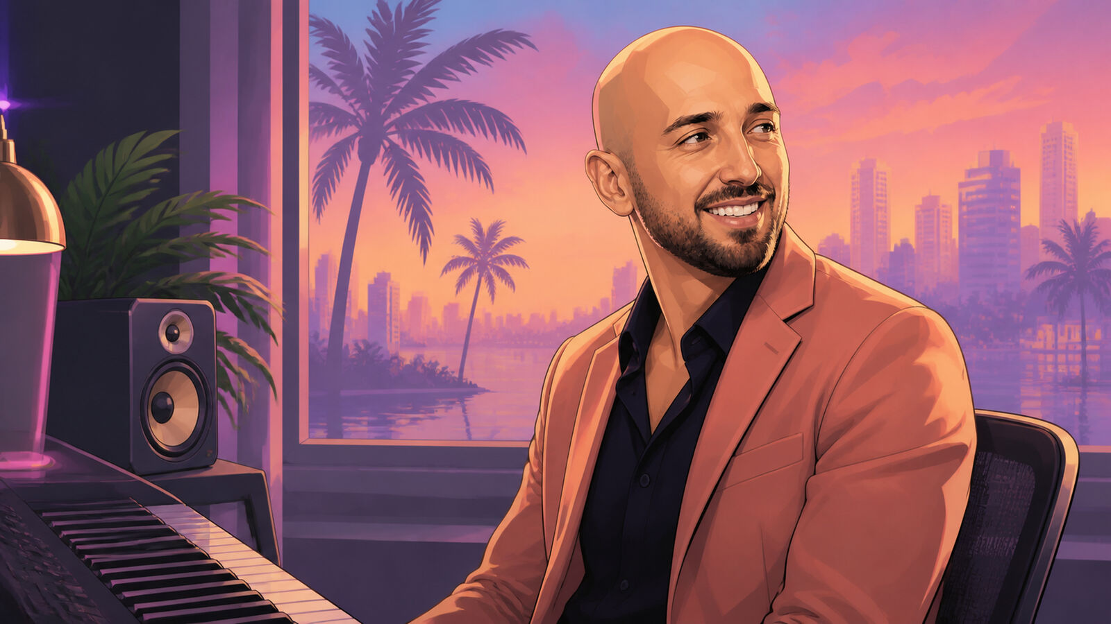 Vic lacht über die Schulter am Keyboard