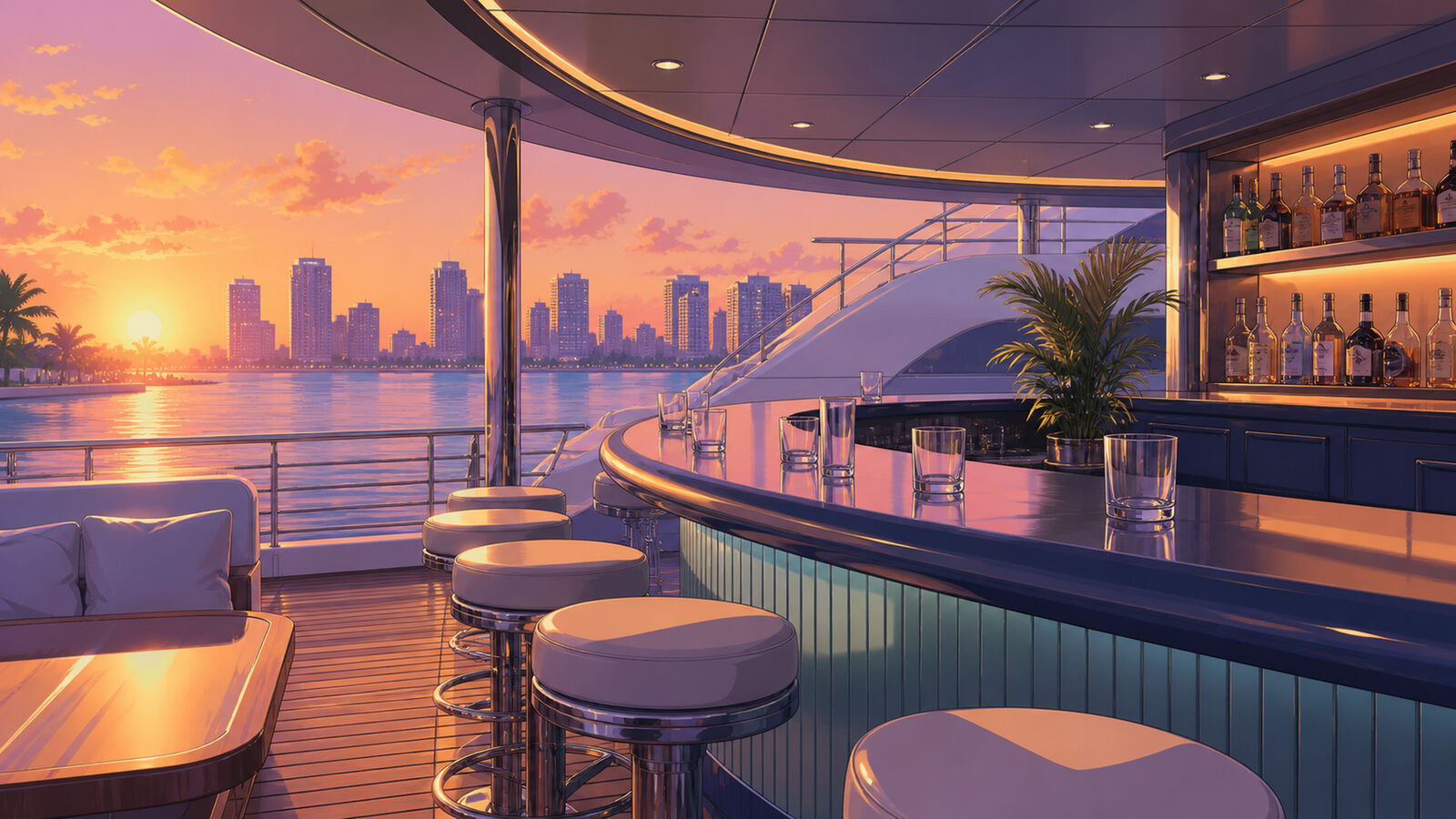 Leere Bar auf einer Yacht bei Sonnenuntergang
