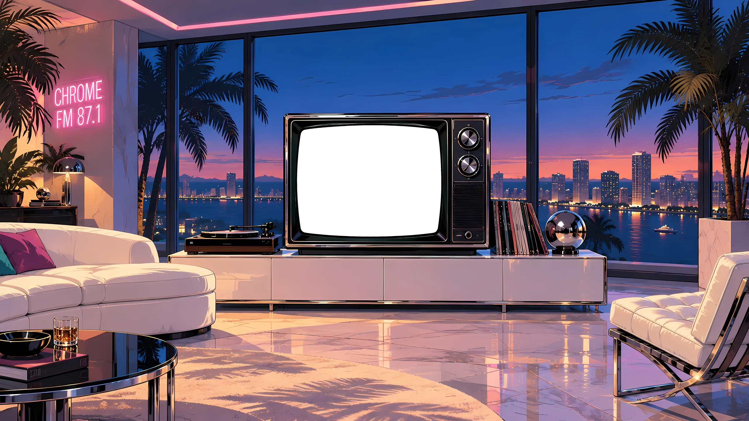 Penthouse-Wohnzimmer im Stil der 80er: Röhrenfernseher auf einem weißen Sideboard, dahinter die nächtliche Skyline am Meer